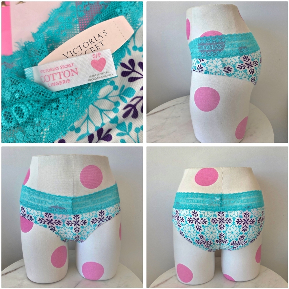Victoria's Secret VTG Cotton Lingerie Hiphugger Teal Blue Lace Floral NWT